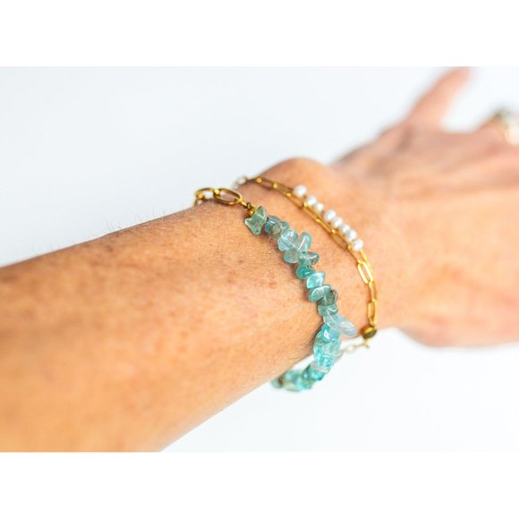 Statement Bracelet Gemstone Ocean Blue Apatite Chips Chunky Gold Chain Boho - Picture 1 of 10